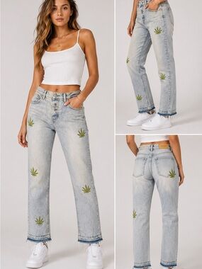 MNML Size 30 Light Wash Jeans Embroidered Applique Leaf Raw Hem Button Fly